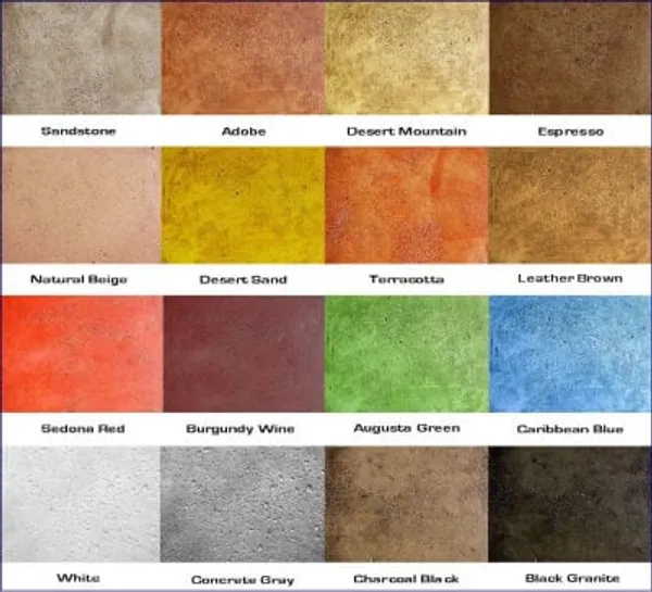 Decorative concrete color options including sandstone, adobe, terracotta, and more